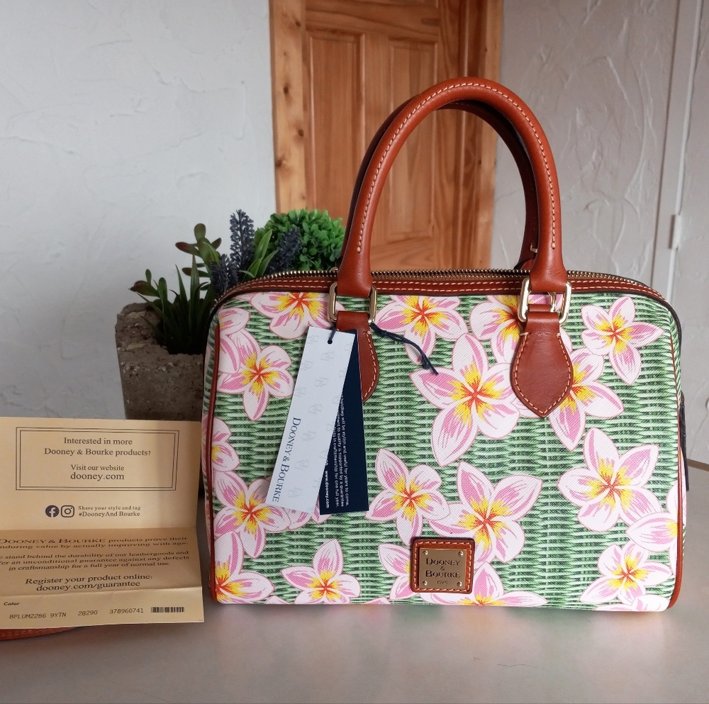 Dooney & Bourke Coated Cotton Plumeria Barrel Satchel, Pink/Green - Picture 11 of 16